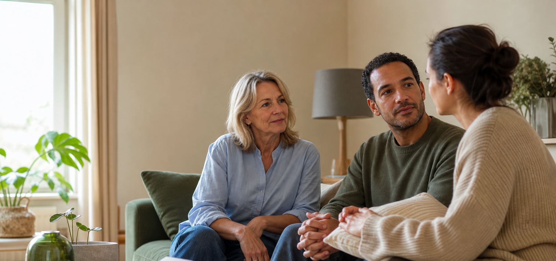 Familieleden die rustig met elkaar in gesprek zijn